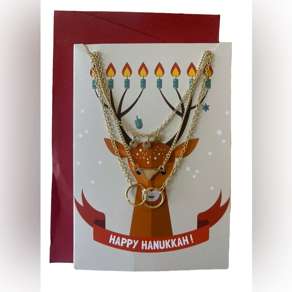 Gold-Tone Pendant Necklace Gift Card Happy Hanukkah Set Holiday Christmas